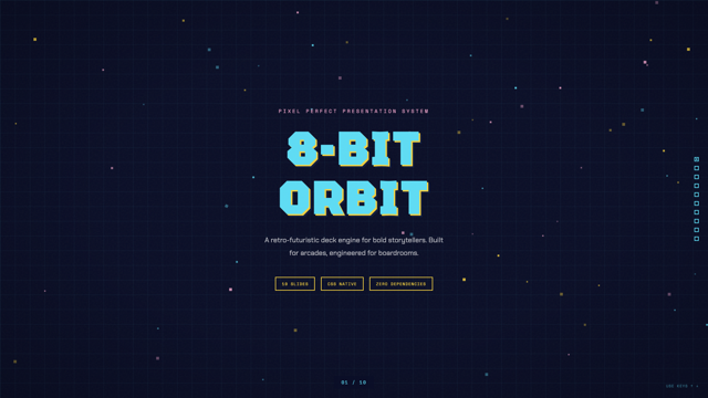 8-Bit Orbit — pixel neon on a navy void