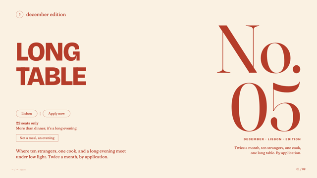 Long Table — supper-club cream & rust red